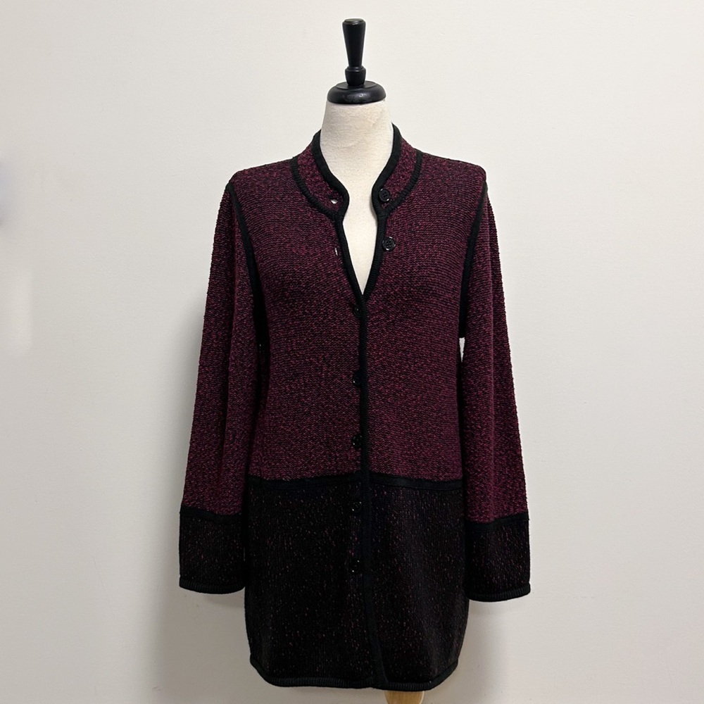 Karl Lagerfeld Merlot Black Marble Colorblock Button Up Mid Length Knit Sweater